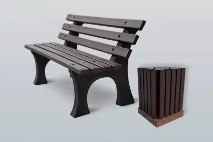 Polymer-sand seats, benches and waste bins